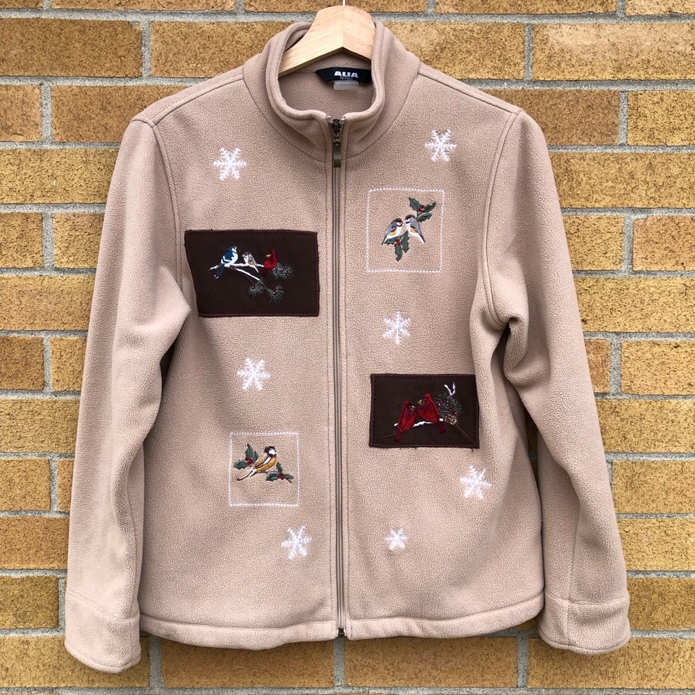 Alia Petites winter birds polar fleece sweater jacket tan Christmas Petite Small